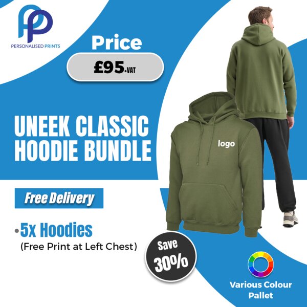 Uneek Classic Hoodie Bundle - Pack of 5 with Front & back Printed    Thumbnail