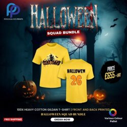 Halloween Bundle of 100X Heavy Cotton Gildan T-Shirts Front & Back Printed Thumbnail